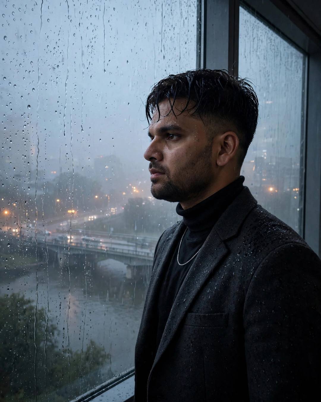 His jacket spread on the warm bonnet, — Empty Road cinematic AI portrait: charcoal blazer, black turtleneck, damp rain-wet hair at bridge over a slow river, solitude on the highway, passionate mood
