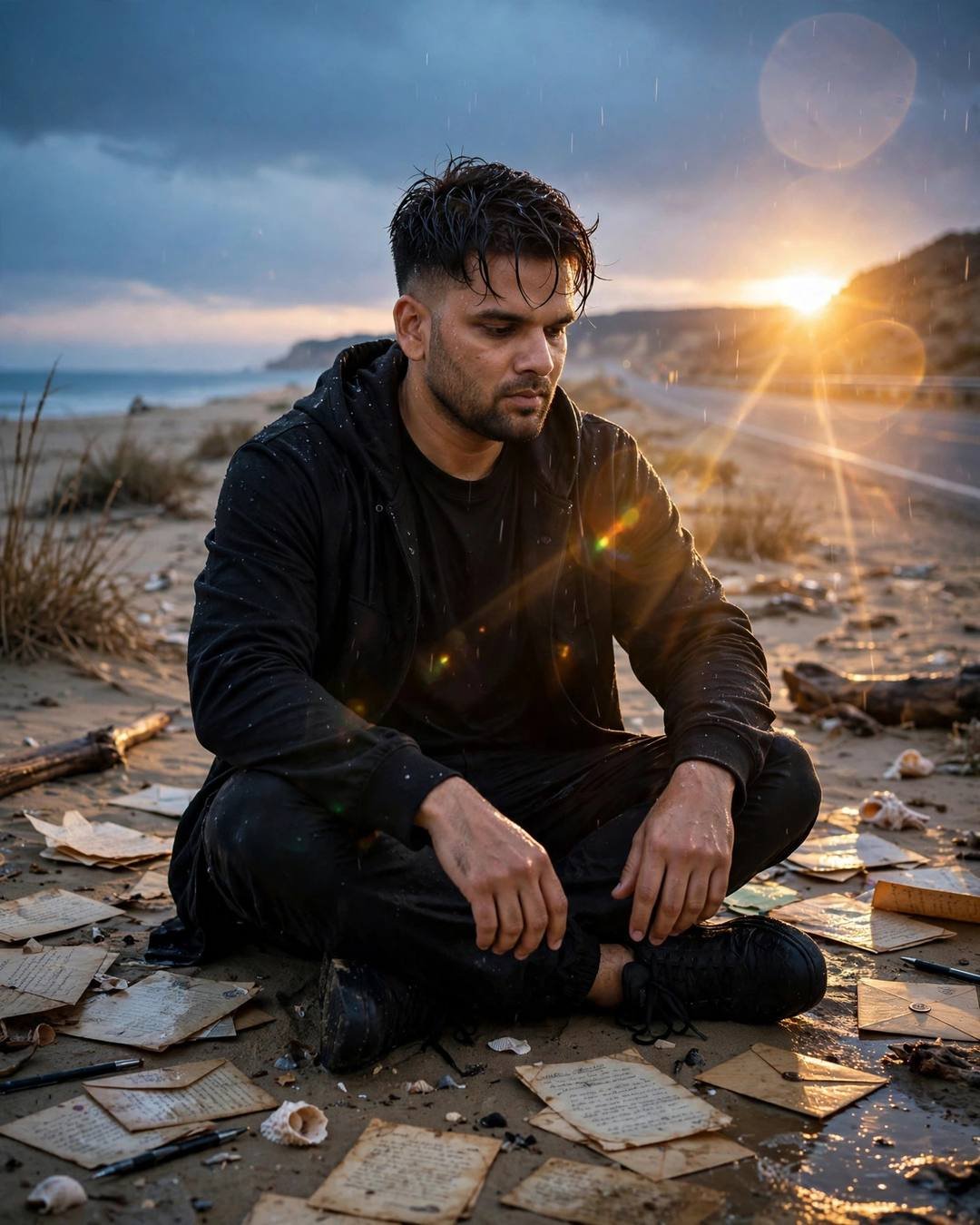 Arms spread wide in the middle of — Empty Road cinematic AI portrait: all-black streetwear with sneakers, damp rain-wet hair at dusk, solitude on the highway, serene mood