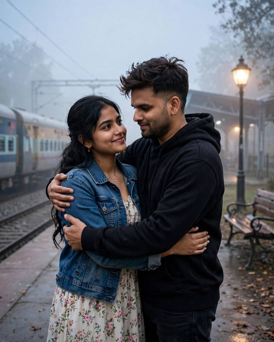 Cinematic AI photograph of a couple — a shy wave from a school bus — at one last hug at a railway platform as the train waits at park bench under a lone lamp, where it all began, hopeful mood