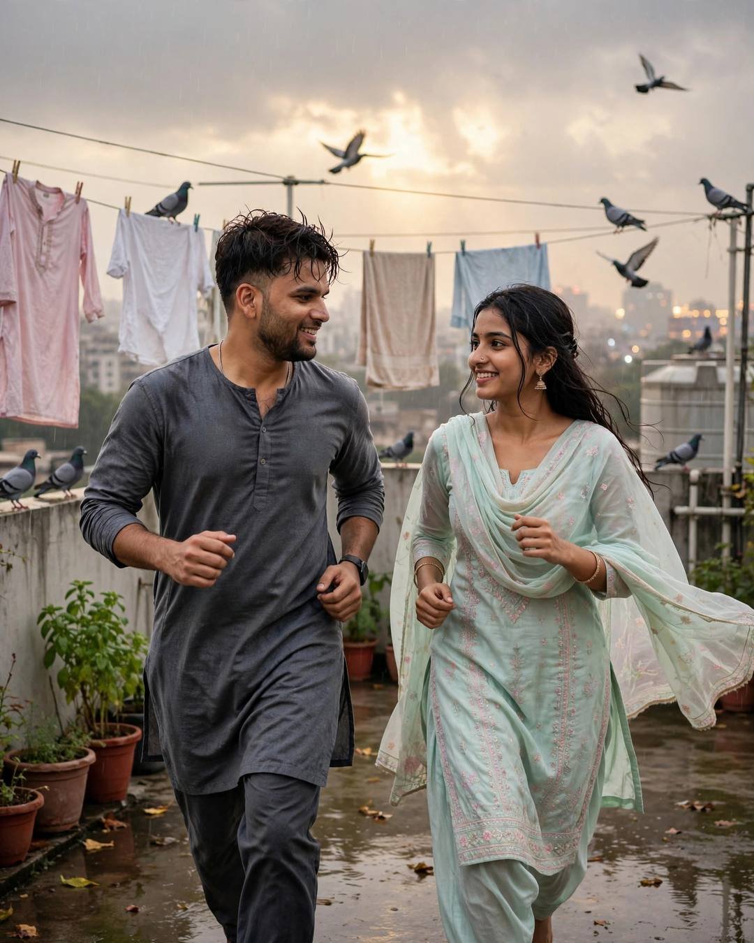 Cinematic AI photograph of a couple — laughing at the very same joke in — at running toward each other across a sunlit field at terrace with drying clothes lines and pigeons, where it all began, serene mood