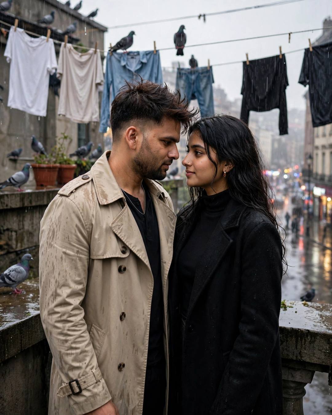 Young Indian couple standing face to face on a terrace with clotheslines, foreheads almost touching