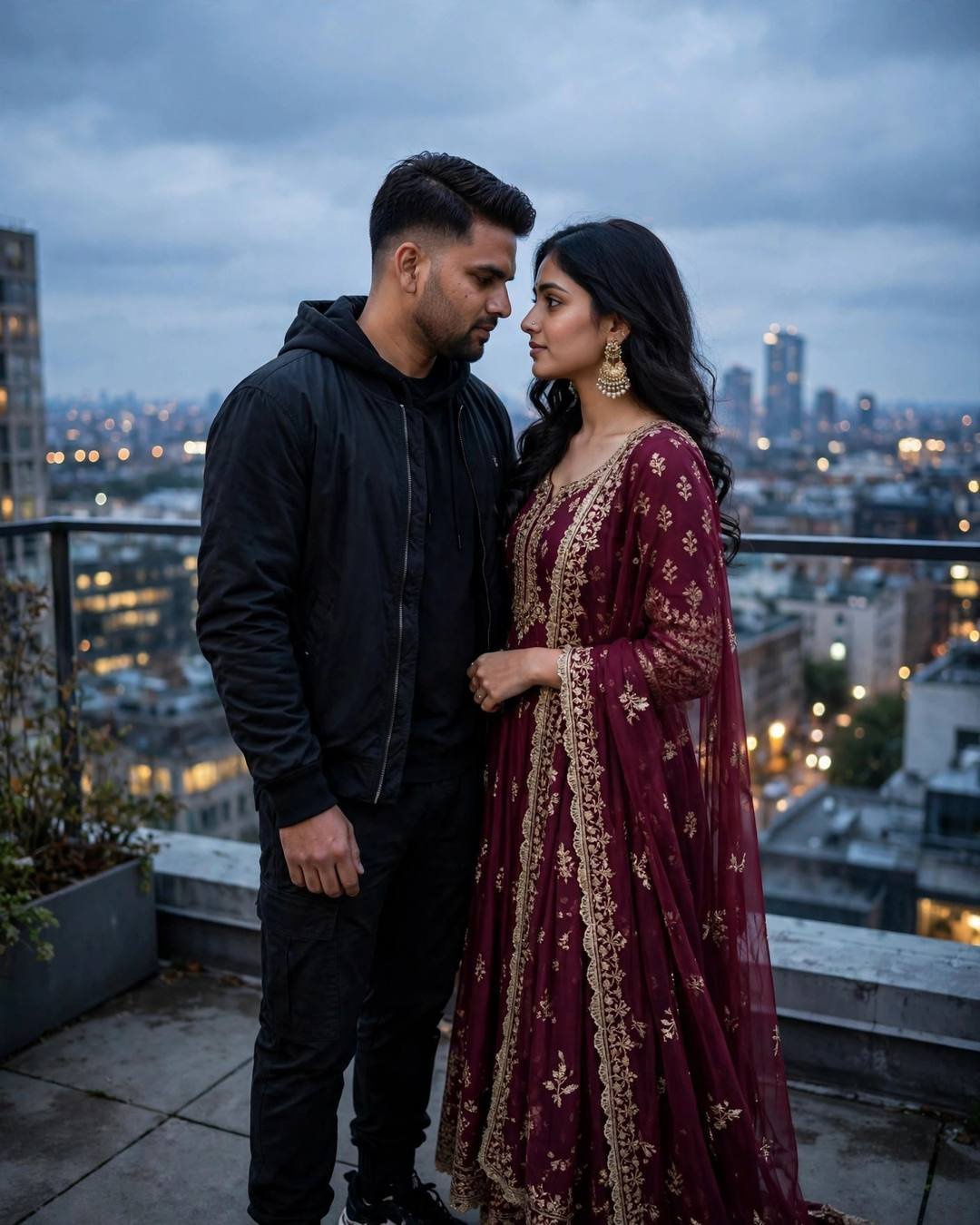 Young Indian couple standing face to face on a rooftop above city lights at blue hour