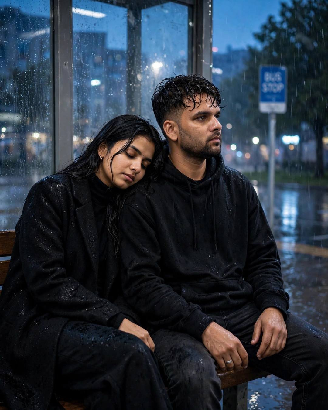 Young Indian couple sitting close on a bench at a rainy bus stop at blue hour, her head on his shoulder