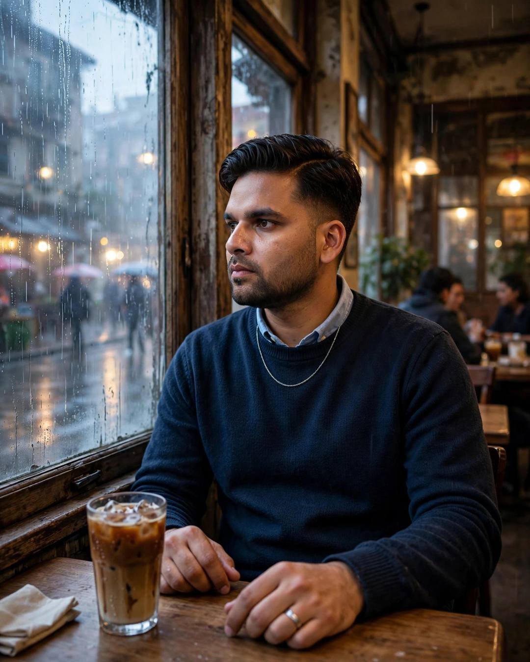 Young Indian man in a navy sweater sitting alone at a cafe table by a fogged rainy window