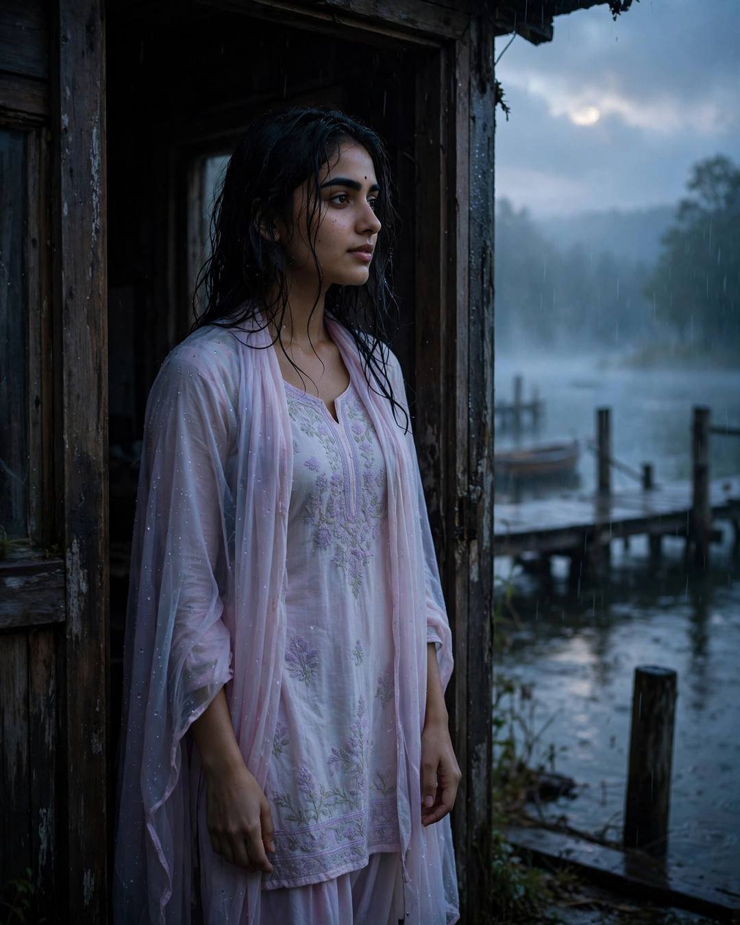Young Indian woman in a pastel salwar-kameez standing in a doorway by a lake pier at dawn