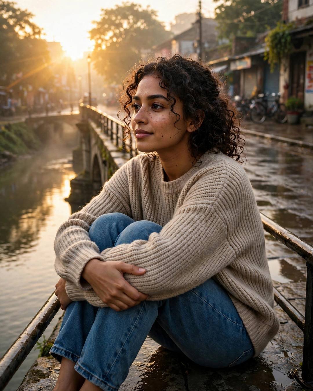 Young Indian woman in a beige sweater sitting with knees drawn up on a bridge over a river at sunrise
