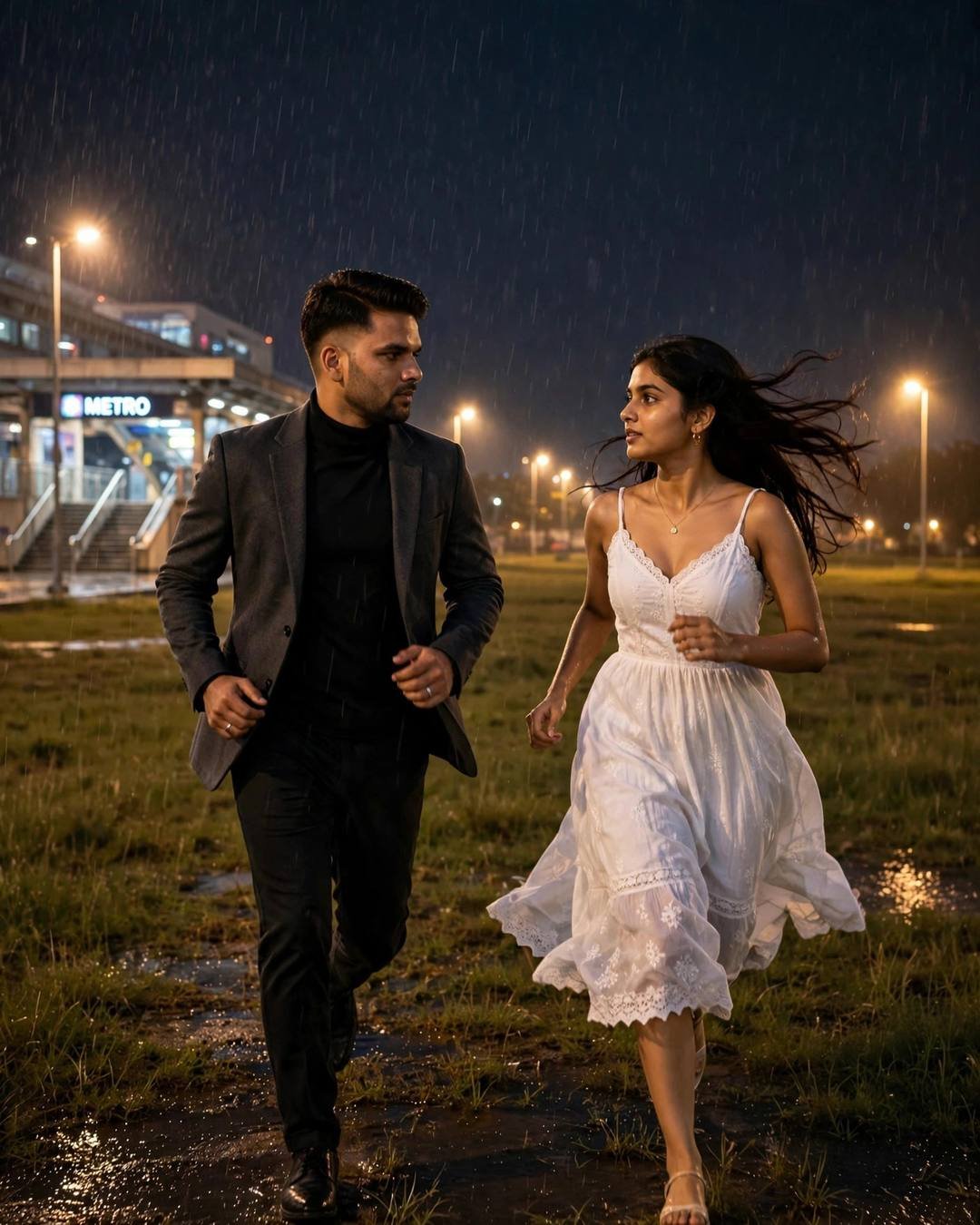 Young Indian couple running toward each other across wet grass beside a midnight metro station