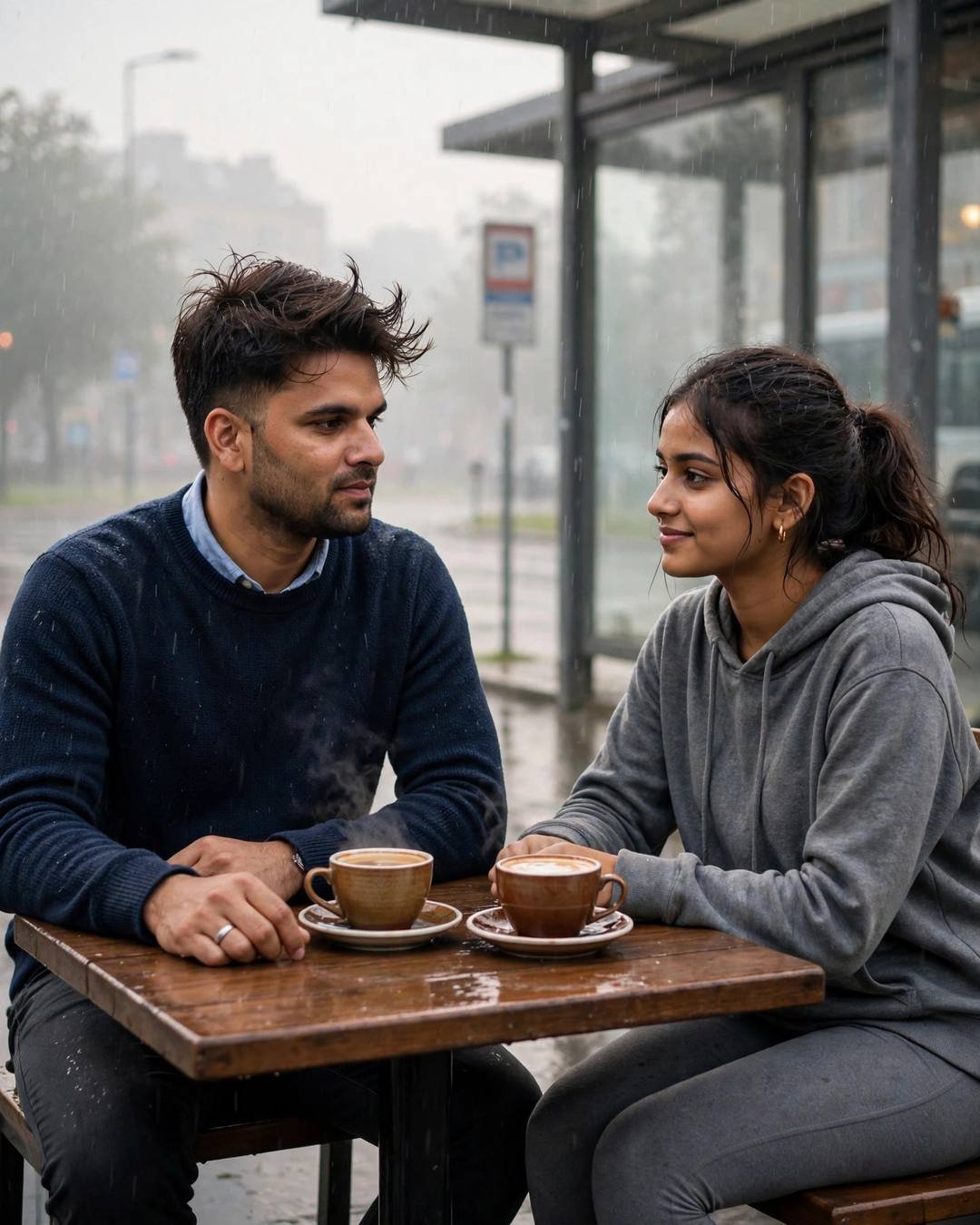 Young Indian couple sitting across a small table with coffee cups at a rainy bus stop at dawn