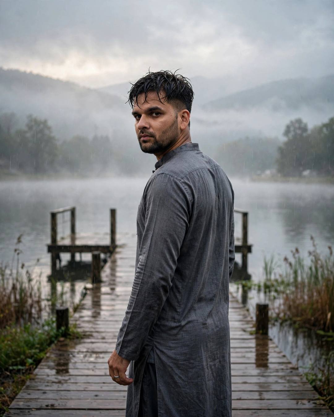 Young Indian man in a grey kurta looking over his shoulder on a foggy lake pier at dawn