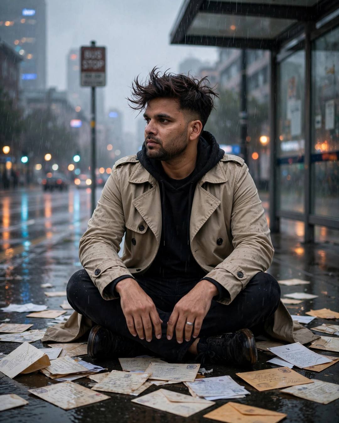 Young Indian man in a beige trench coat sitting among old letters at a rainy bus stop