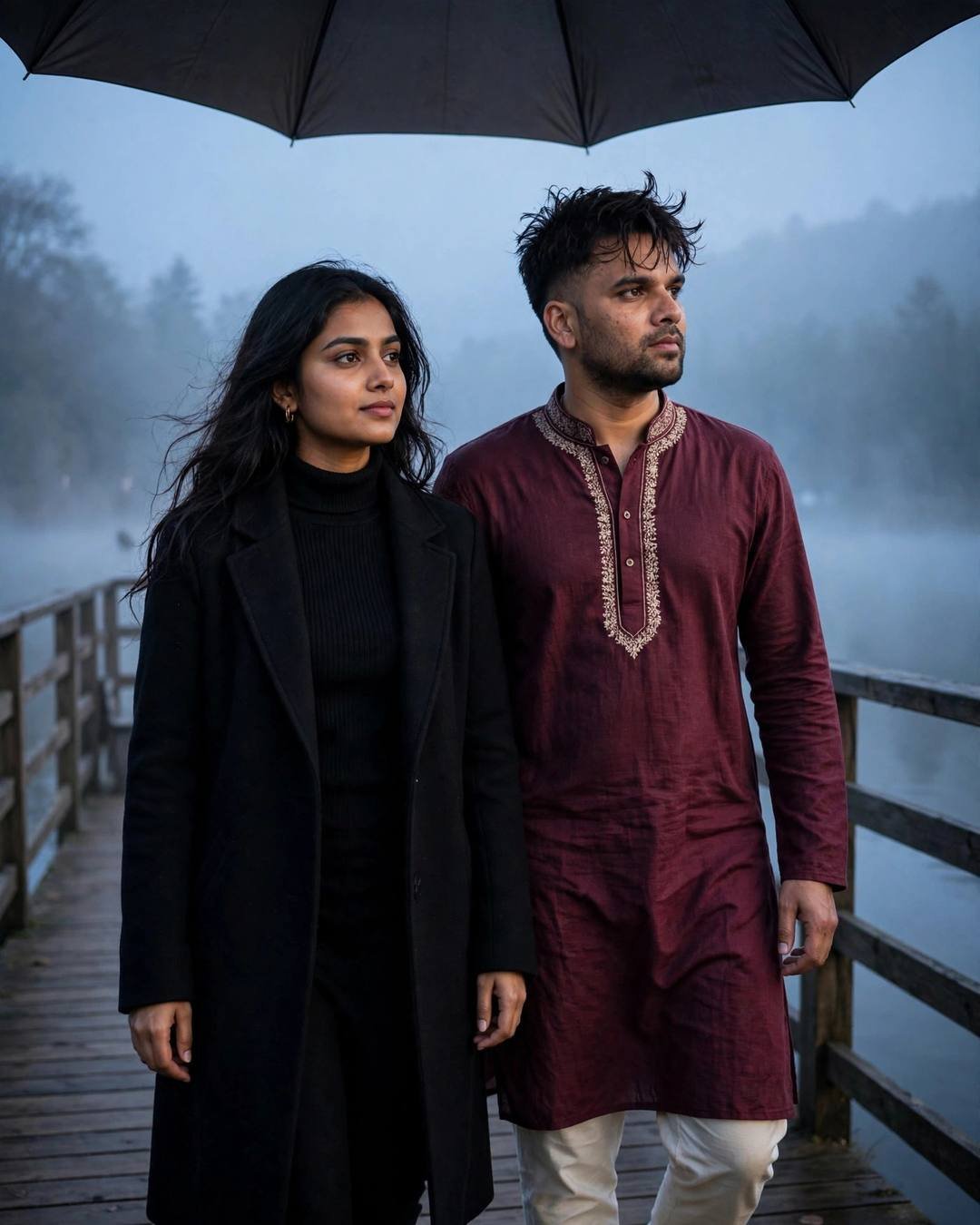 Cinematic AI photograph of a couple — decorating their first rented home together with — at walking side by side under one umbrella, shoulders touching at quiet lake pier at dawn, every picture a chapter, bittersweet mood