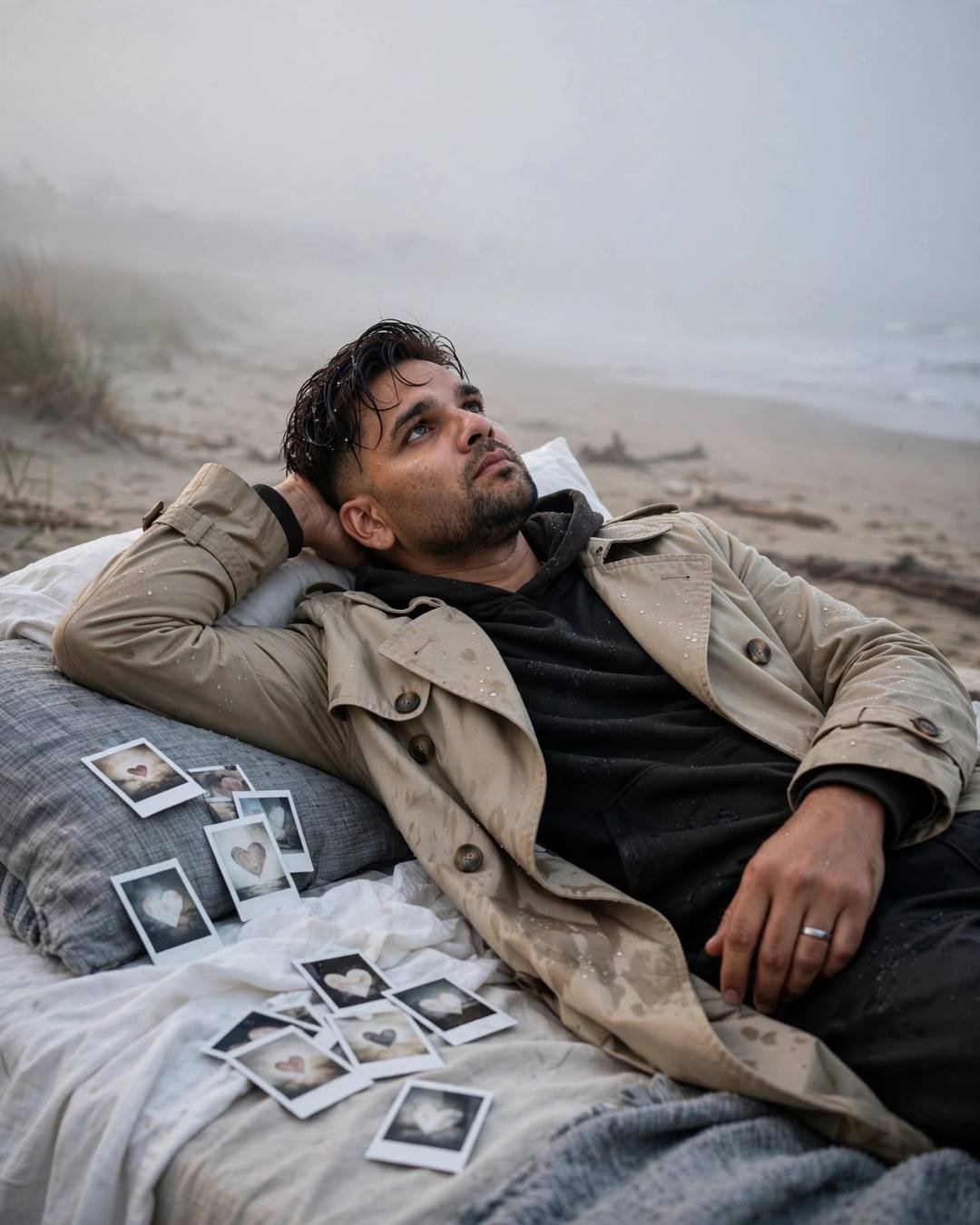 Cinematic AI photograph of a young man — a dried red rose pressed carefully inside — at lying on the bed staring at the ceiling, one arm behind head at deserted beach at dusk, polaroids of the heart, fragile mood