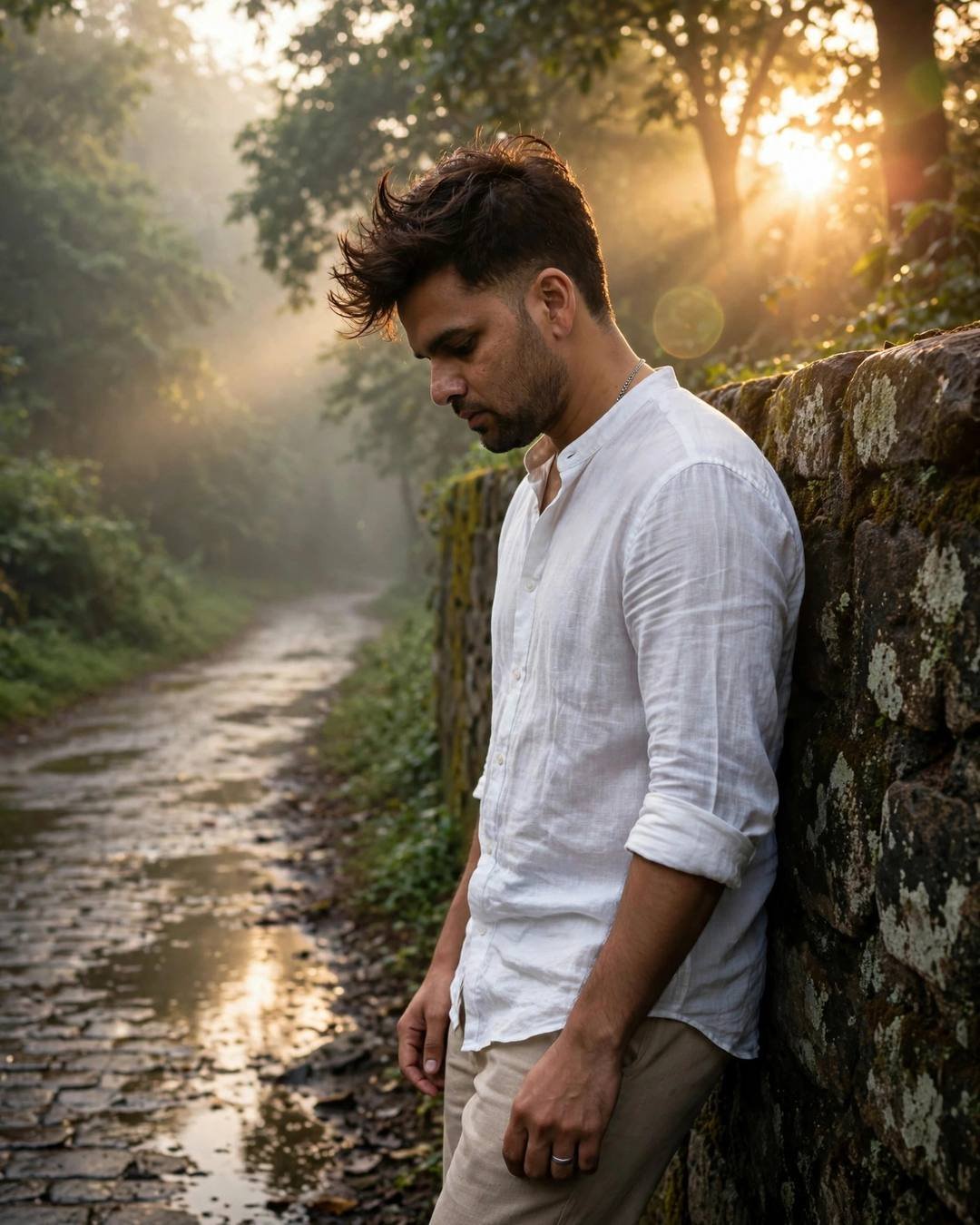 Young Indian man in a white linen shirt leaning against a stone wall on a misty forest path at sunrise