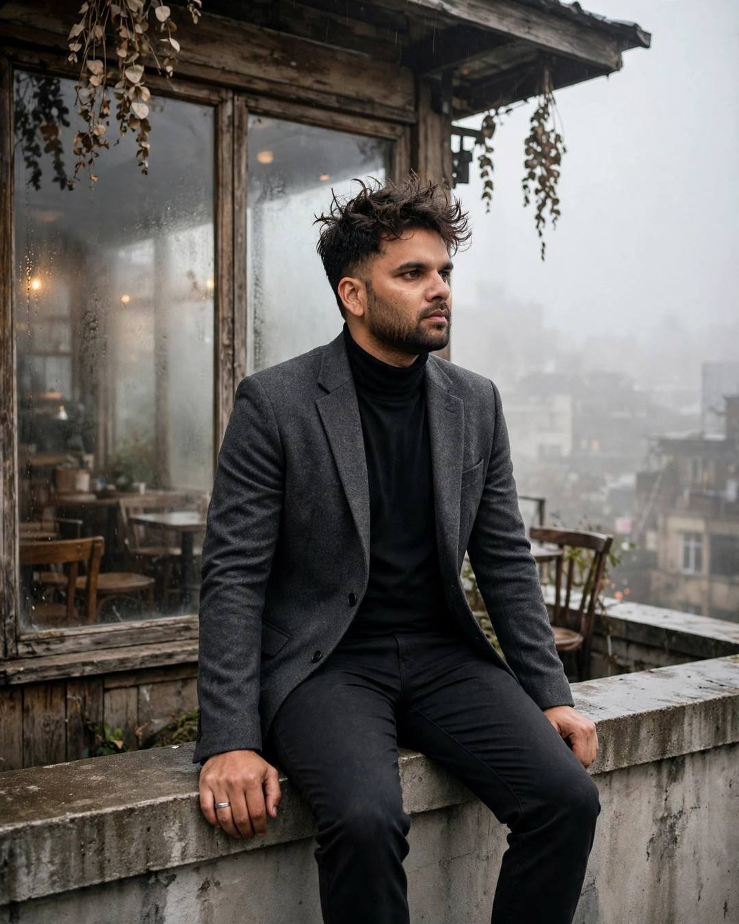 Cinematic AI photograph of a young man — a single candle burning low beside his — at sitting on a rooftop ledge, legs dangling over the edge at old cafe by a fogged window, deeper thoughts, serene mood