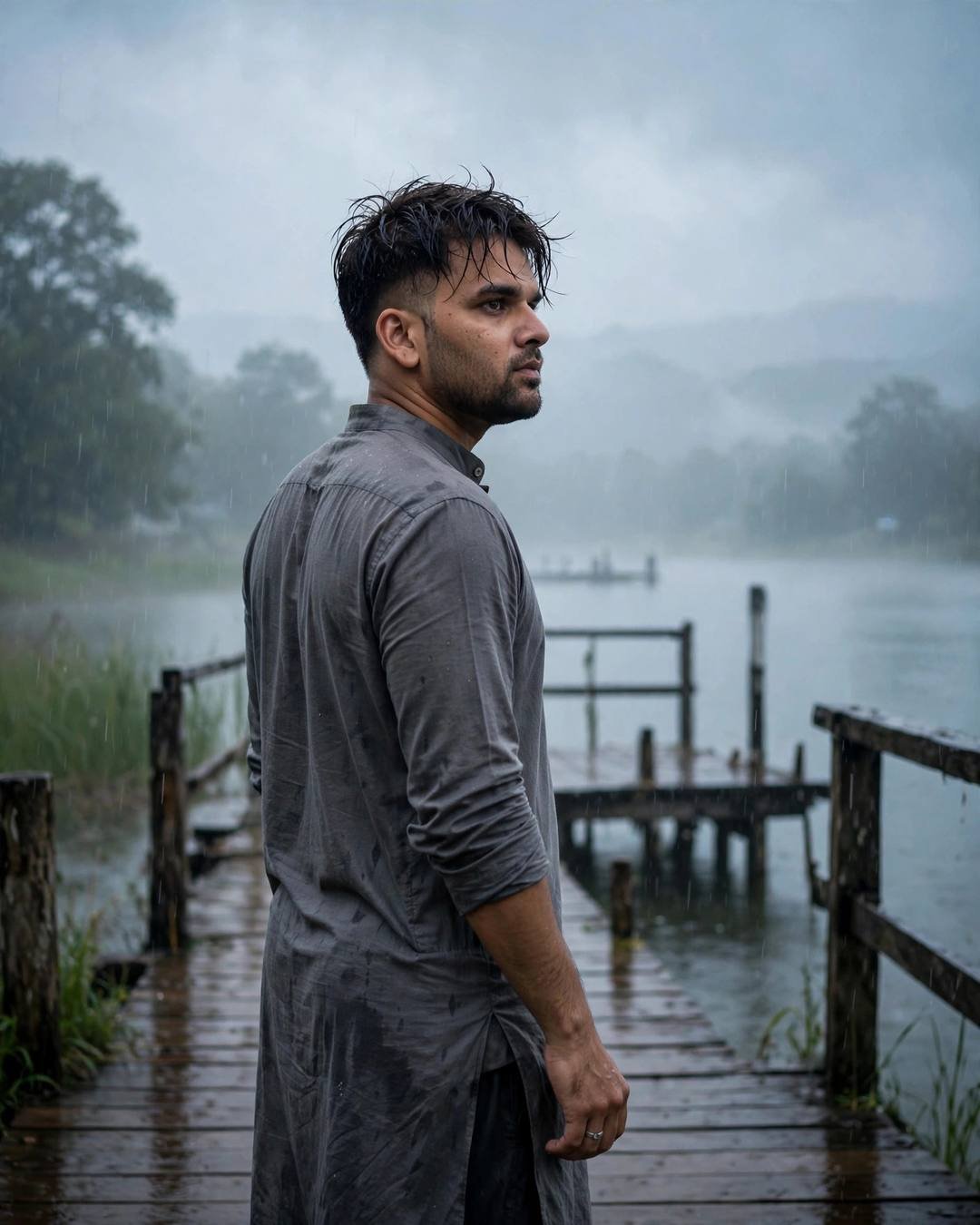 Cinematic AI photograph of a young man — watching thin incense smoke curl upward in — at back to the camera, looking over one shoulder at quiet lake pier at dawn, deeper thoughts, hopeful mood