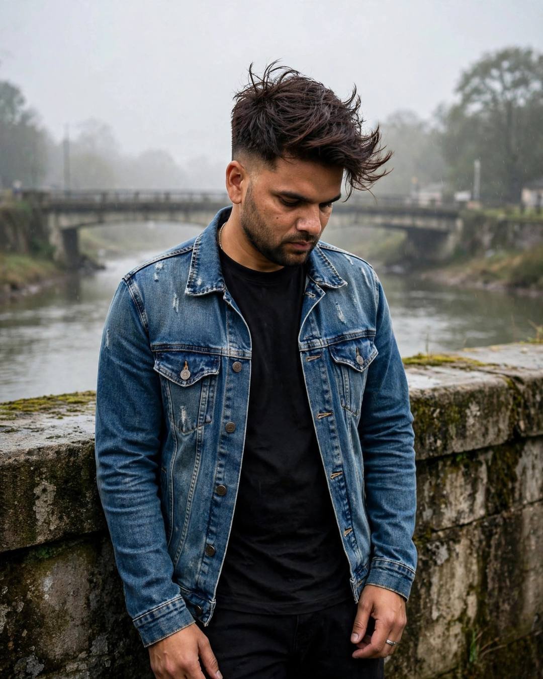 Cinematic AI photograph of a young man — headphones on, world off, midnight balcony — at leaning against a weathered wall, head tilted down at bridge over a slow river, deeper thoughts, fragile mood