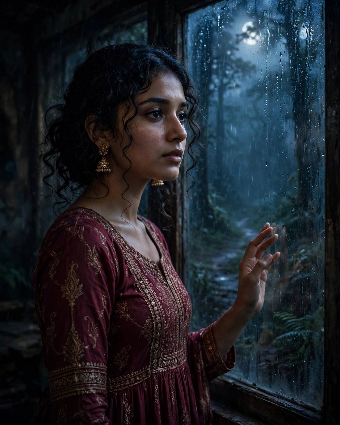 Cinematic AI portrait of a young Indian woman — re-reading her favourite old novel under the — at standing at a rain-streaked window, one hand on the glass at misty forest path, mystery aesthetic, bittersweet mood