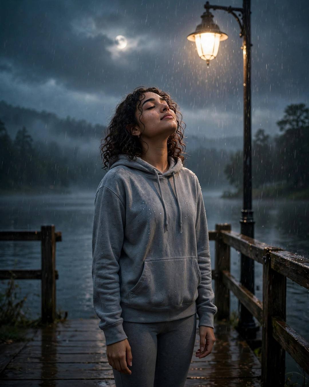 Cinematic AI portrait of a young Indian woman — dancing slowly alone in her room to — at standing under a streetlamp in the rain, face lifted to the sky at quiet lake pier at dawn, mystery aesthetic, hopeful mood