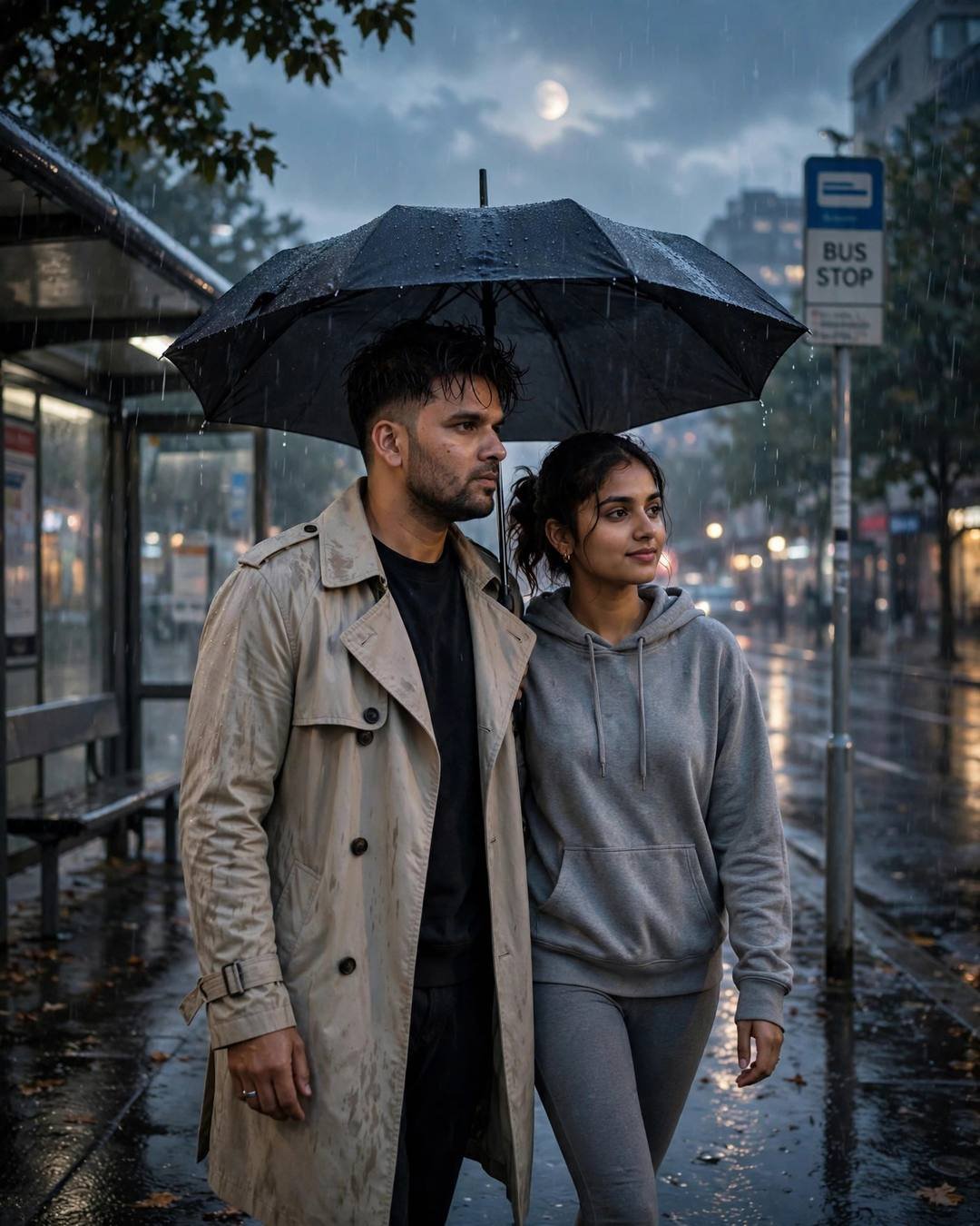 Watching wild elephants cross the wide river — Nature Couple cinematic AI portrait: beige trench coat over dark layers, towel-dried tousled hair at bus stop in the rain, wild hearts, tender mood