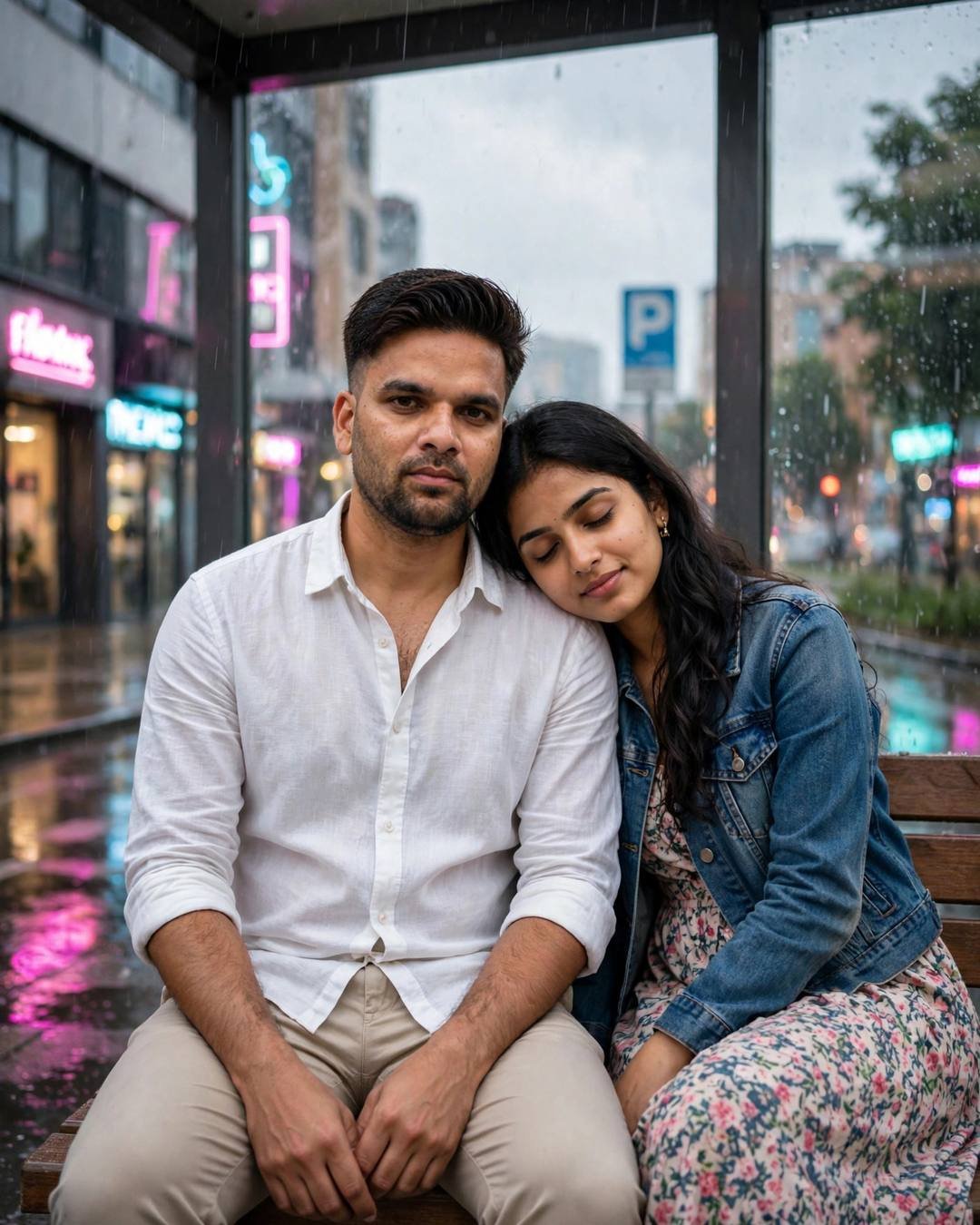 A waterfall mist rainbow behind them — Nature Couple cinematic AI portrait: white linen shirt with rolled sleeves, beige trousers, neatly combed side part at bus stop in the rain, wild hearts, serene mood