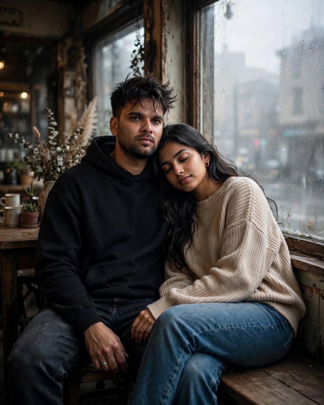 Bright butterflies swirling around them as one — Nature Couple cinematic AI portrait: black oversized hoodie and dark jeans, slightly messy morning hair at old cafe by a fogged window, wild hearts, bittersweet mood