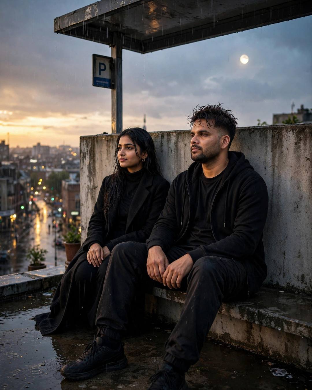 Picnic under a 200-year-old banyan — Nature Couple cinematic AI portrait: all-black streetwear with sneakers, slightly messy morning hair at bus stop in the rain, wild hearts, serene mood