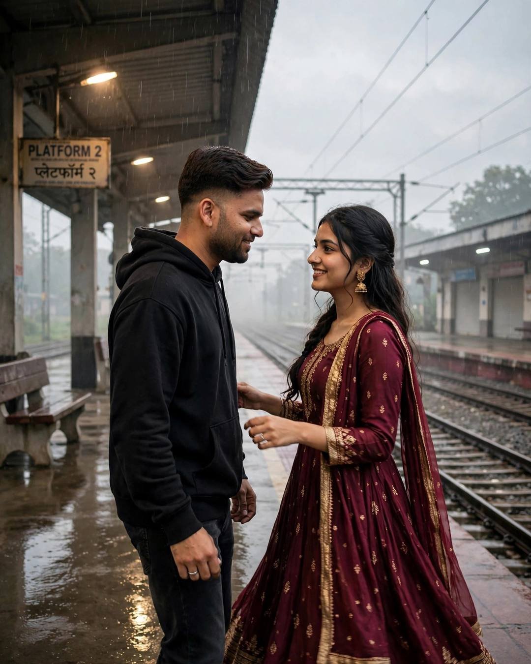 A shy deer approaching their warm campfire — Nature Couple cinematic AI portrait: black oversized hoodie and dark jeans, neatly combed side part at night, wild hearts, aching mood