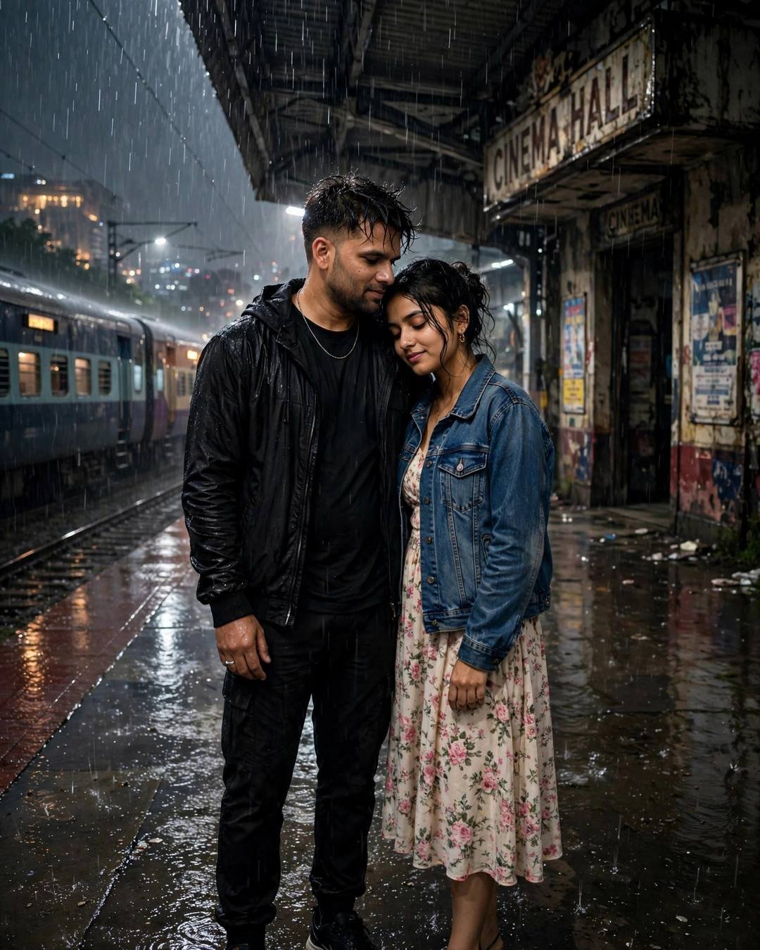 Night Couple AI portrait — A 2am maggi date on the balcony, all-black streetwear with sneakers, towel-dried tousled hair, one last hug at a railway platform as the train waits at abandoned cinema hall