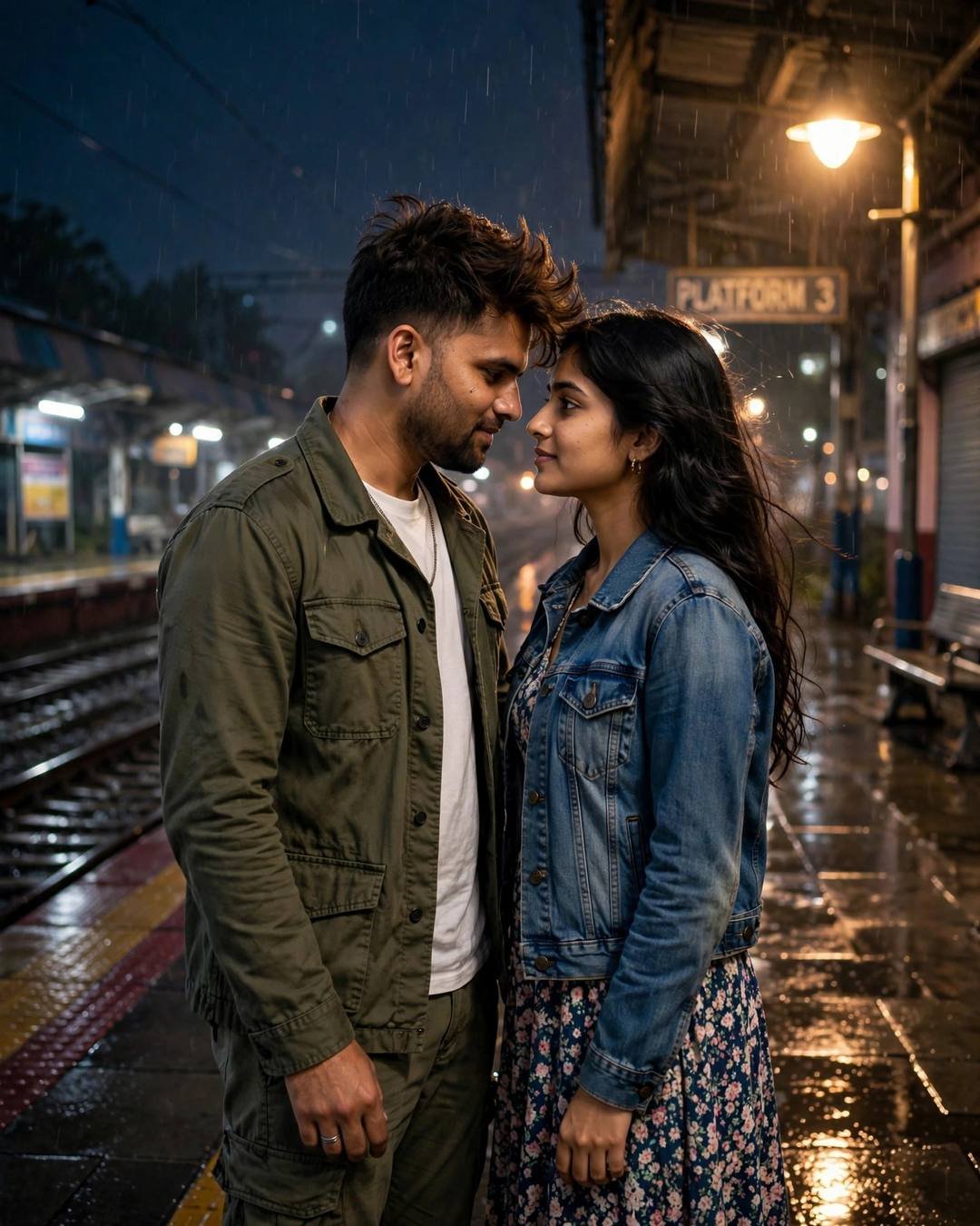 Night Couple AI portrait — City lights below, his jacket around her, olive field jacket, white tee, cargo pants, windswept textured hair, standing face to face, foreheads almost touching at empty railway platform at night