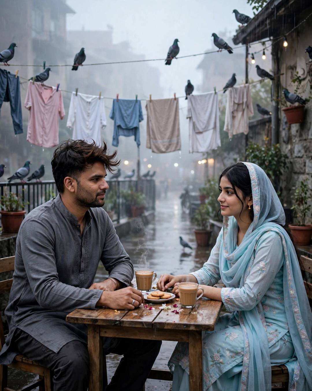 Night Couple AI portrait — Two cups of cutting chai at a, grey kurta with dark pajama, windswept textured hair, sitting across a small cafe table, hands almost touching over cups at terrace with drying clothes lines and pigeons
