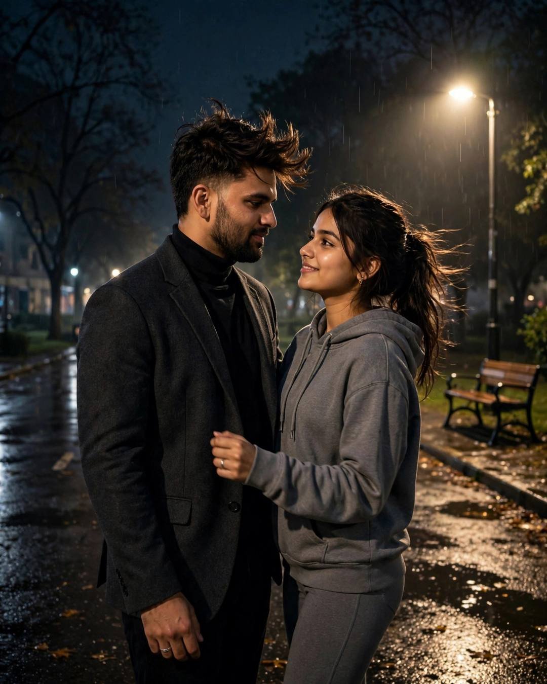 Night Couple AI portrait — His arm around her as bright fireworks, charcoal blazer, black turtleneck, windswept textured hair, dancing slowly in an empty street under streetlights at park bench under a lone lamp