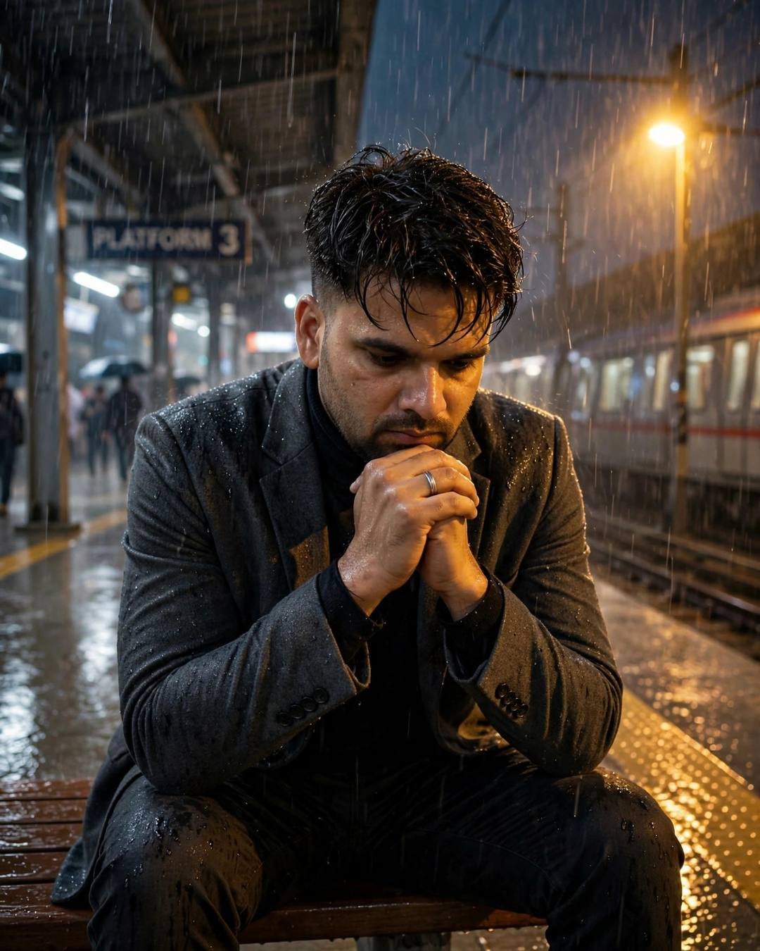 An unread letter slipping quietly from the — Railway Station cinematic AI portrait: charcoal blazer, black turtleneck, damp rain-wet hair at midnight metro station, stories on platforms, melancholic mood