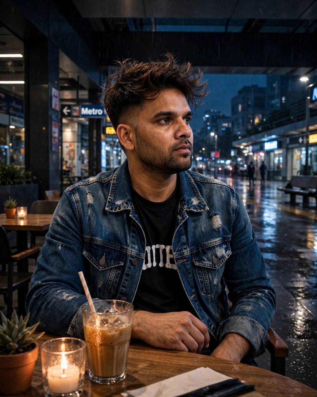 Watching her train pull away, running alongside — Railway Station cinematic AI portrait: distressed denim jacket over black tee, windswept textured hair at midnight metro station, stories on platforms, hopeful mood