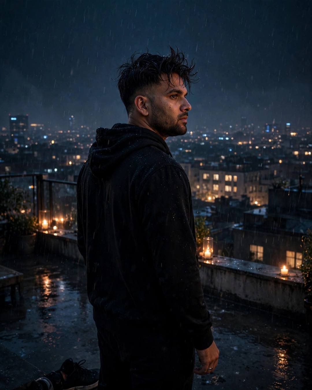 Walking through white steam from a departing — Railway Station cinematic AI portrait: all-black streetwear with sneakers, slightly messy morning hair at rooftop overlooking sleeping city lights, stories on platforms, tender mood