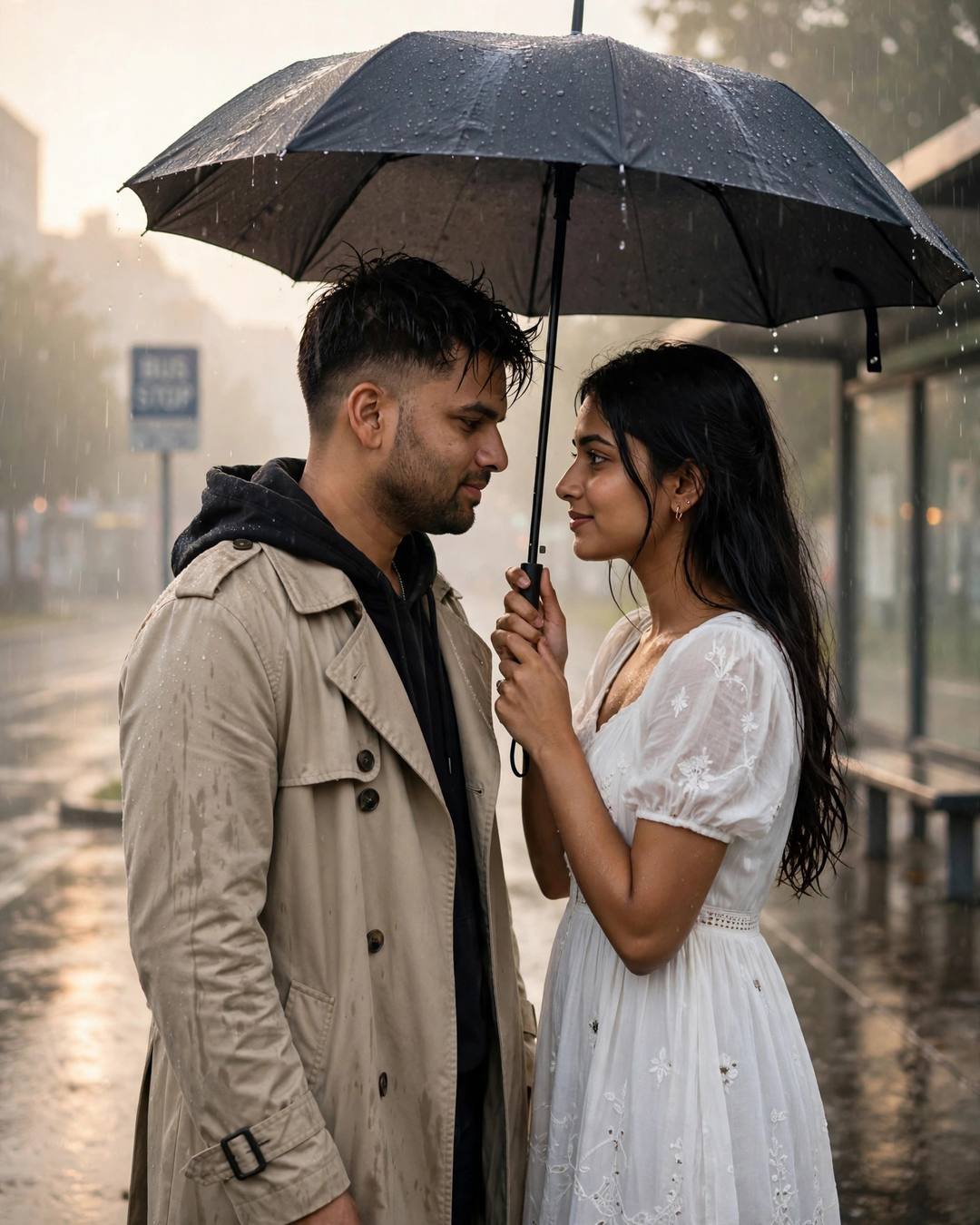 Rainy Couple AI portrait — A single shared raincoat with both awkwardly, beige trench coat over dark layers, slightly messy morning hair, standing face to face, foreheads almost touching at bus stop in the rain