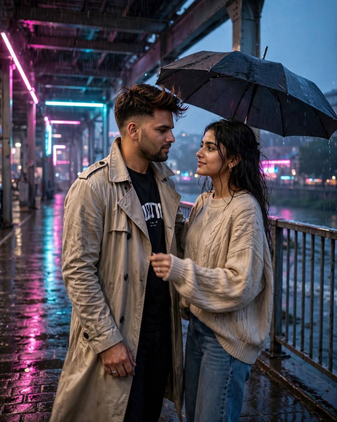Rainy Couple AI portrait — Her jumping in puddles while he holds, beige trench coat over dark layers, windswept textured hair, dancing slowly in an empty street under streetlights at bridge over a slow river