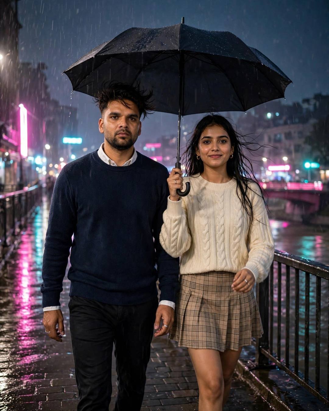 Cinematic AI photograph of a couple — his mother pressing a bowl of warm — at walking side by side under one umbrella, shoulders touching at bridge over a slow river, years melted away, fragile mood
