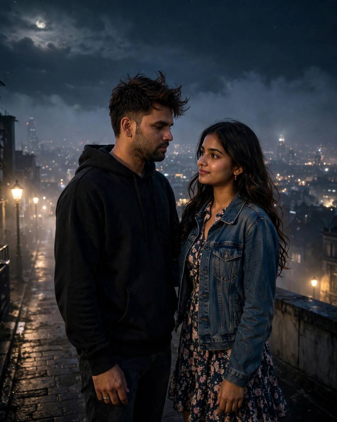 Cinematic AI photograph of a couple — their cousins singing a surprise old folk — at dancing slowly in an empty street under streetlights at rooftop overlooking sleeping city lights, years melted away, melancholic mood