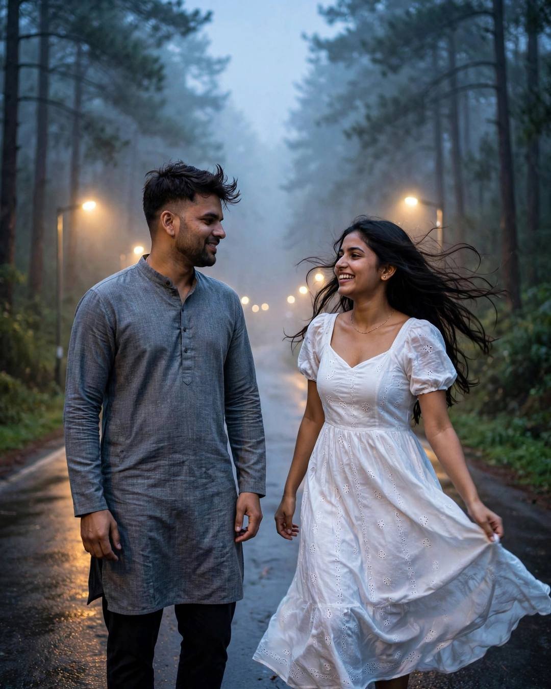 Cinematic AI photograph of a couple — old friends, older love, same spark — at dancing slowly in an empty street under streetlights at misty forest path, years melted away, passionate mood
