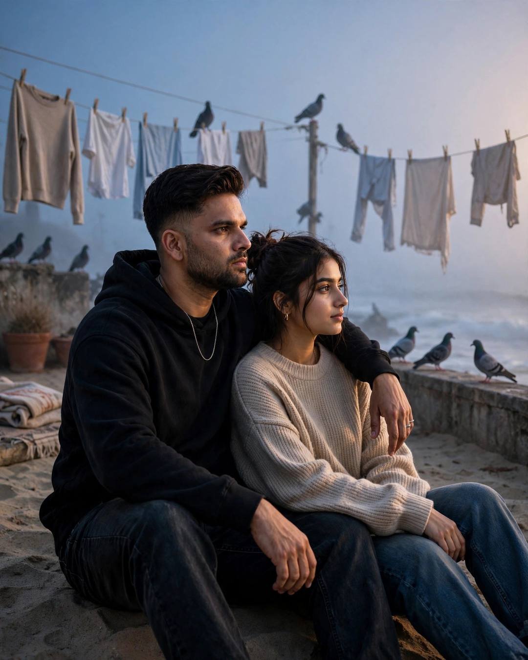 Couple sitting on sand in fog watching waves, man in black oversized hoodie with arm around woman in oversized beige sweater and jeans