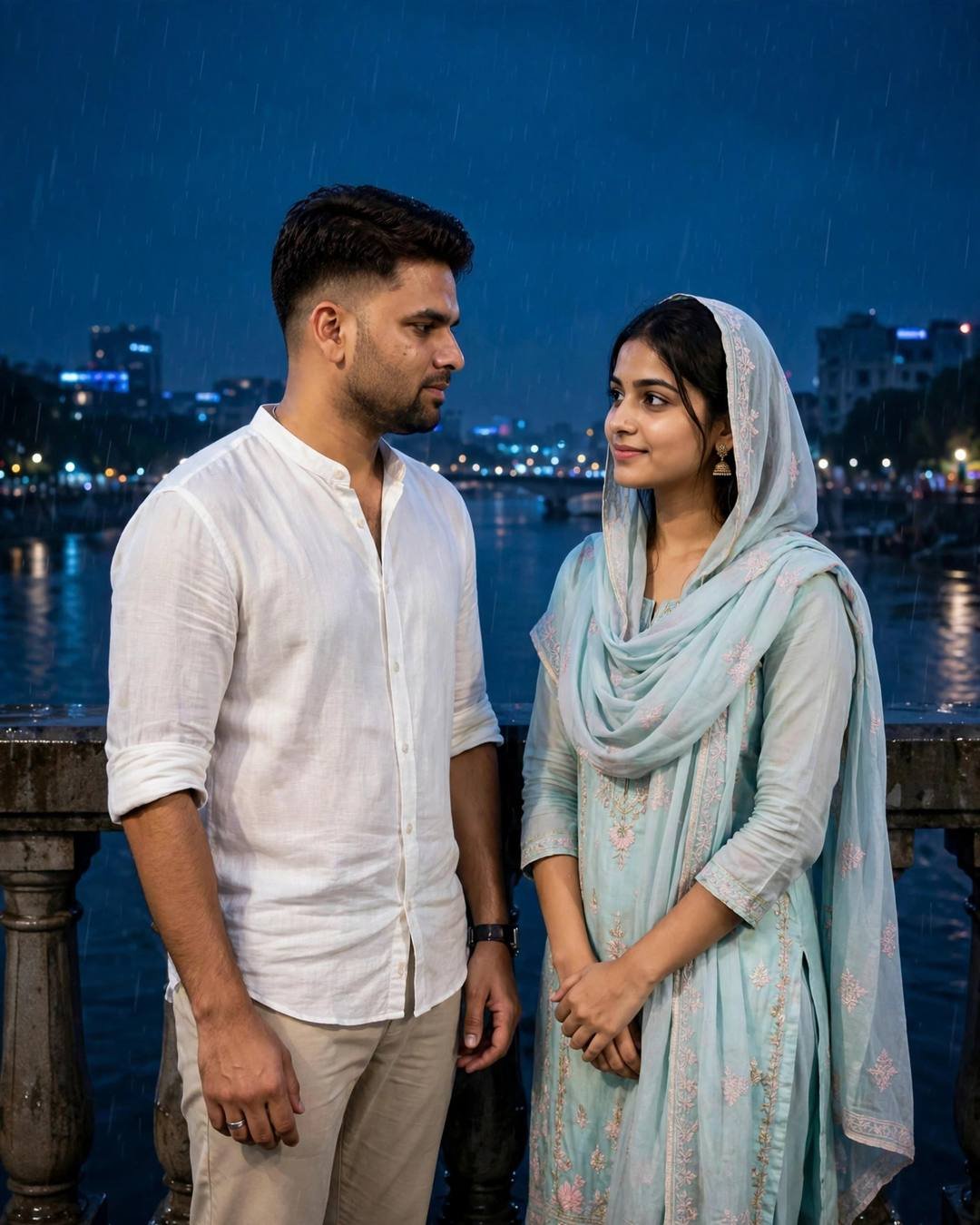 Couple standing on a bridge over a river at midnight in light rain, man in white linen shirt and woman in pastel salwar-kameez with dupatta
