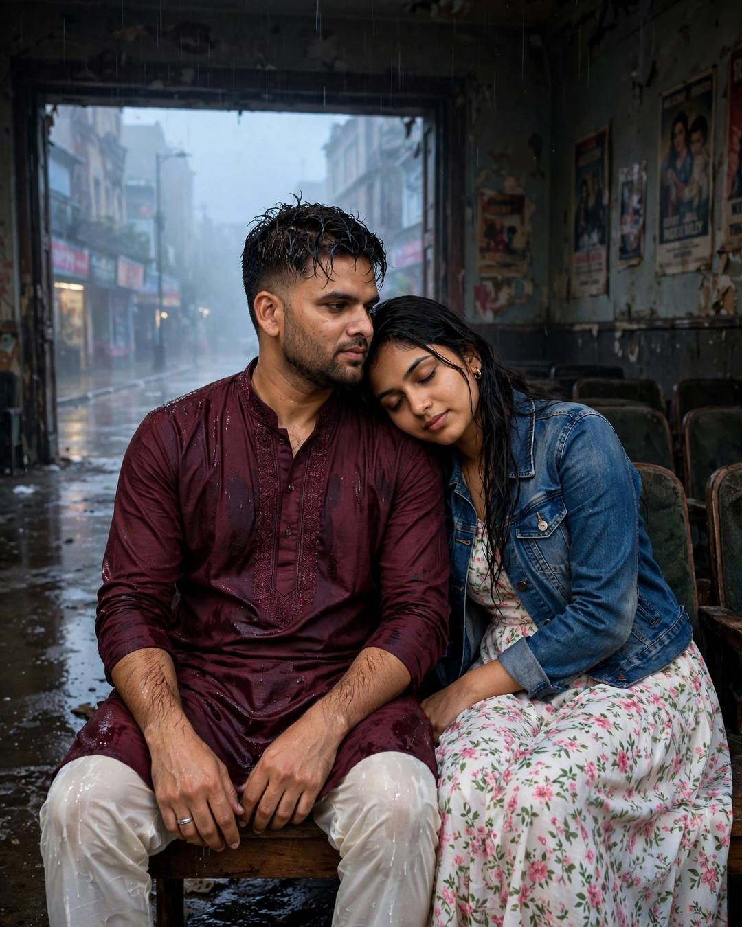 Couple on a bench in an abandoned cinema hall after rain, man in maroon kurta and cream churidar, woman in denim jacket over floral dress resting her head on his shoulder