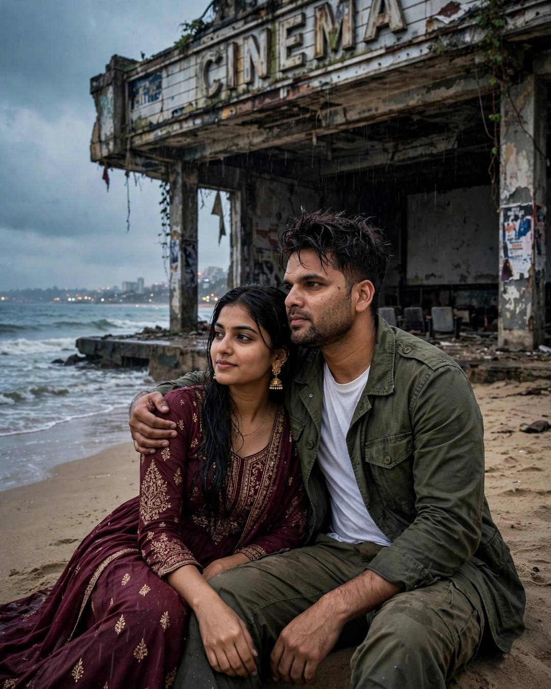 A sleepy dog curled warmly between them — Rooftop cinematic AI portrait: olive field jacket, white tee, cargo pants, towel-dried tousled hair at abandoned cinema hall, above the city noise, tender mood
