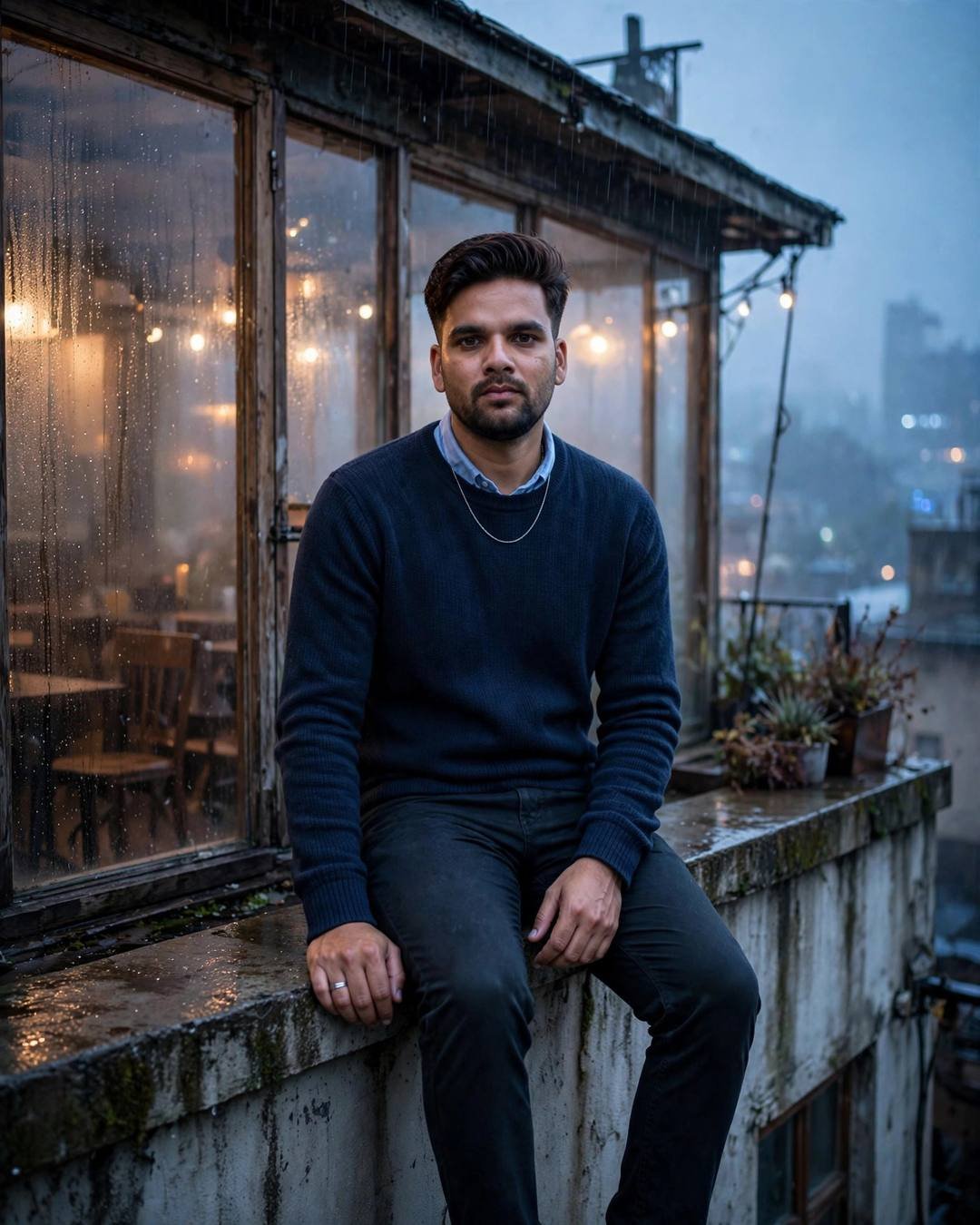 Cinematic AI photograph of a young man — his tattooed knuckles gripping the cold iron — at sitting on a rooftop ledge, legs dangling over the edge at old cafe by a fogged window, melancholy with style, tender mood