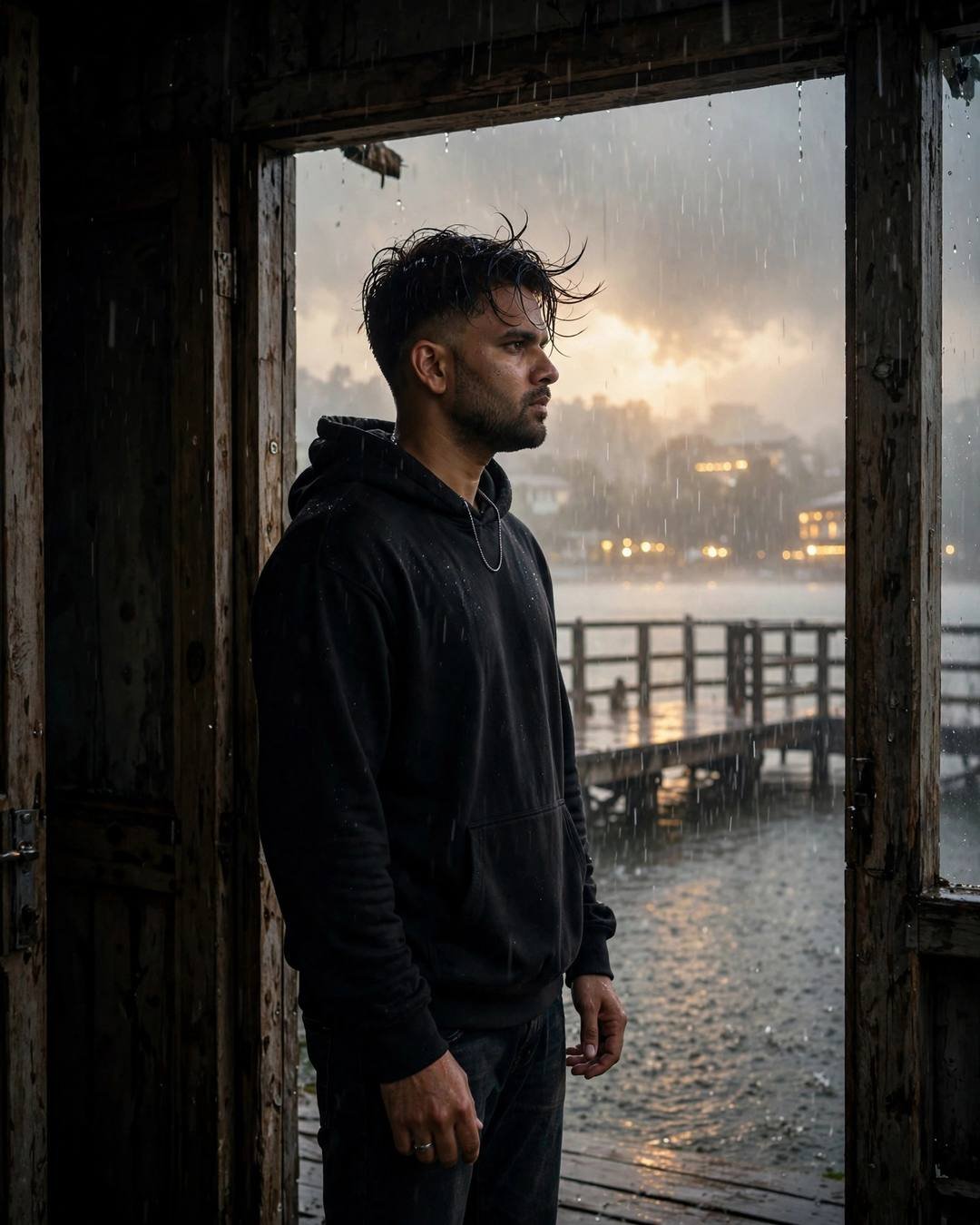 Cinematic AI photograph of a young man — a lone figure on a flyover with — at standing in a doorway, half in shadow at quiet lake pier at dawn, melancholy with style, electric mood
