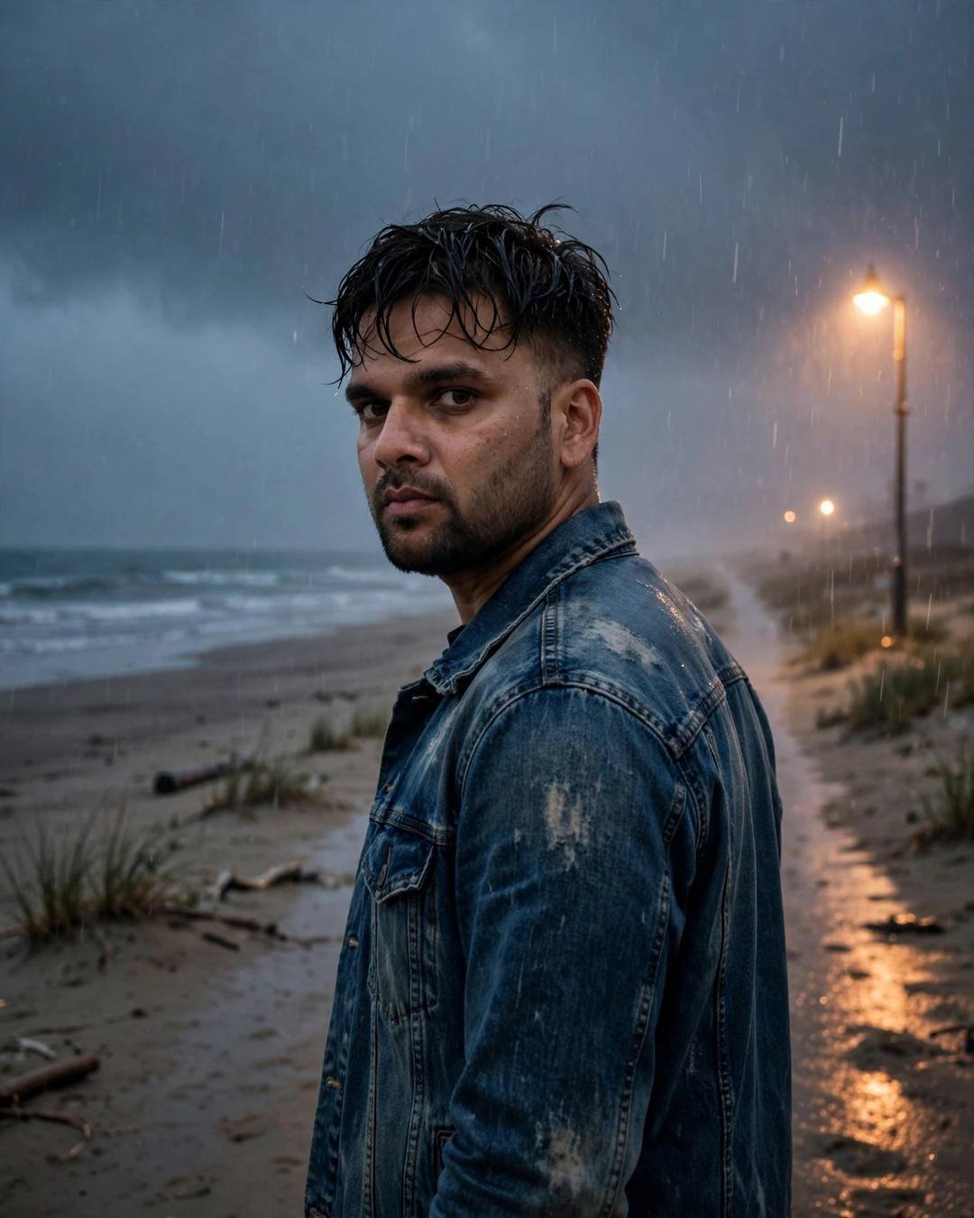 Cinematic AI photograph of a young man — black sunglasses hiding red eyes — at walking away from the camera down an empty path at deserted beach at dusk, melancholy with style, aching mood