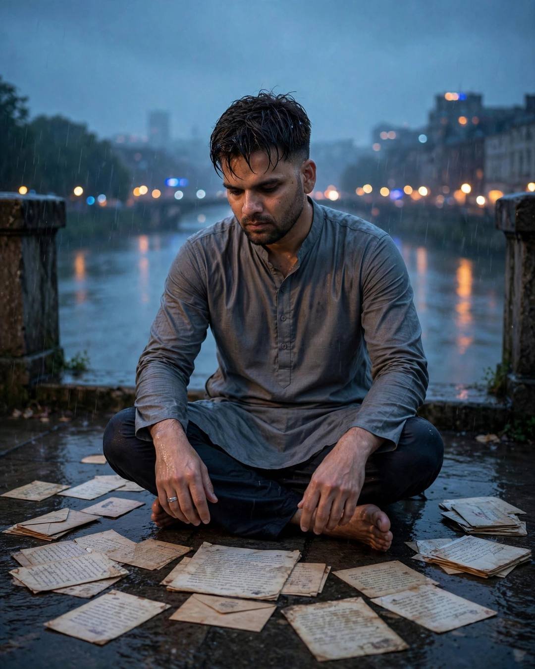 Sad Boy AI portrait: a young Indian man in grey kurta with dark pajama, damp rain-wet hair — sitting cross-legged on the floor surrounded by old letters at bridge over a slow river; overcast gloom, blue hour with rain-diffused city glow