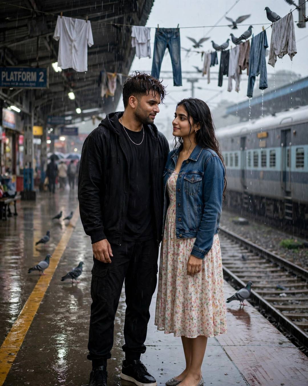 Couple standing close on a rainy railway platform under hanging laundry and pigeons, man in all-black streetwear and woman in denim jacket over a floral dress beside a waiting train