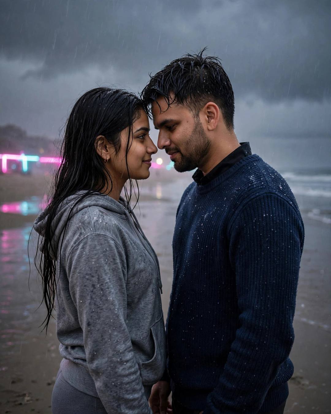 Couple standing face to face with foreheads almost touching on a rainy deserted beach at dusk, man in a navy sweater and woman in a grey hoodie with neon pink and cyan light behind them