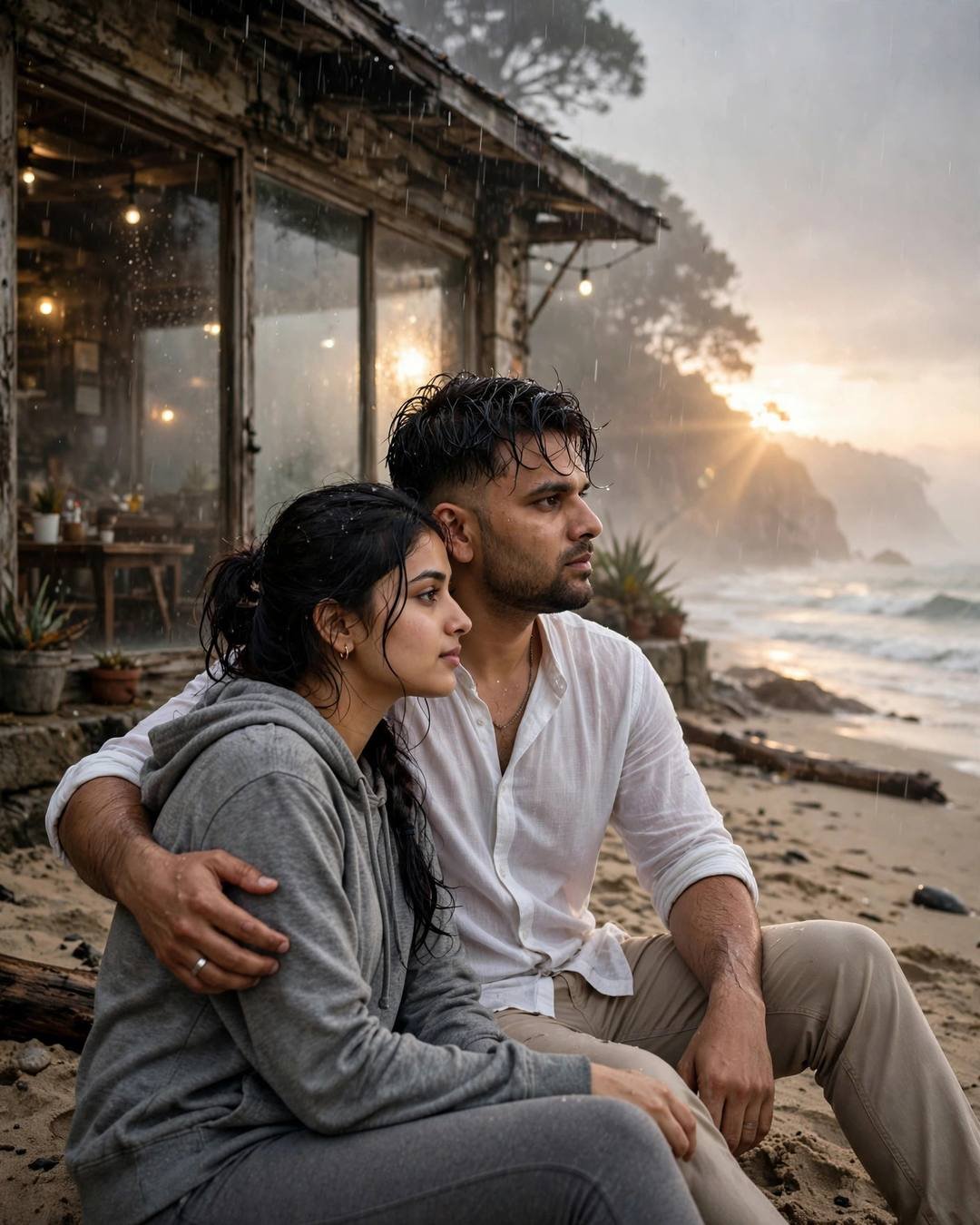 Couple sitting on beach sand beside an old cafe with fogged windows, man in a white linen shirt with his arm around a woman in a grey hoodie, watching waves in drizzle at golden hour
